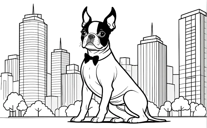 Dog with bow tie sitting in front of city skyscrapers, children&#039;s coloring page