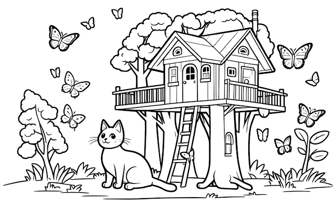 Cat in front of tree house with butterflies