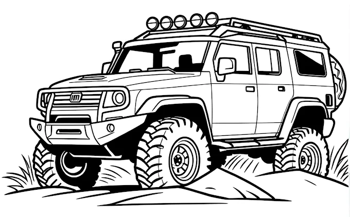 SUV with big tire in desert, lyco art illustration