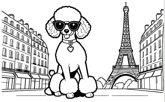 Stylish poodle with sunglasses in front of Eiffel Tower