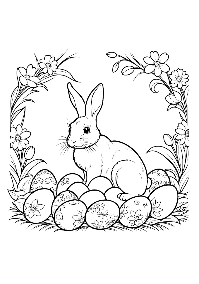 Bunny on decorated Easter eggs drawing