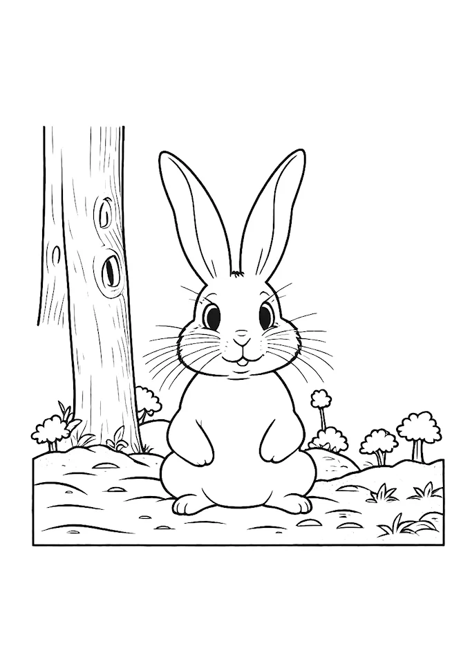 Bunny sitting on sand in black and white drawing with tree background