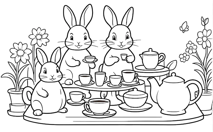 Table with rabbits and teapot, coffee cup, naive art