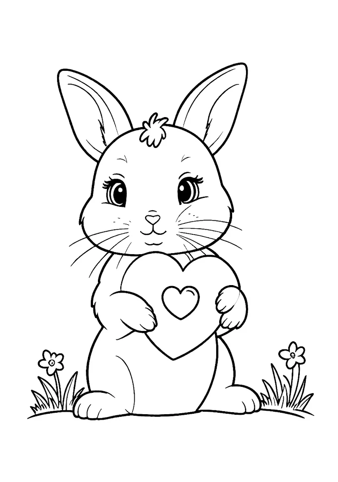 White bunny holding heart-shaped object coloring page