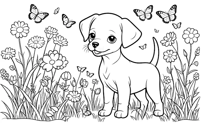Puppy among flowers and butterflies