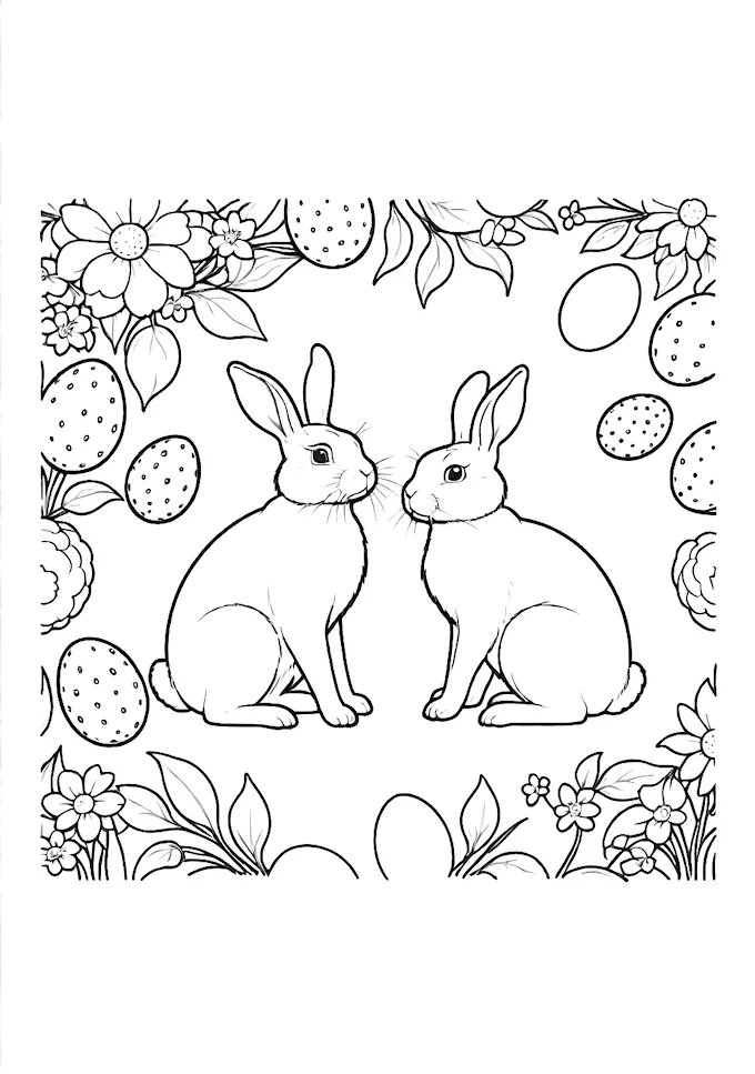Two Cute Bunnies with Flowers and Eggs Coloring Page
