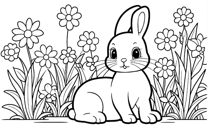 Rabbit in grass, surrounded by flowers and bush, black and white line art