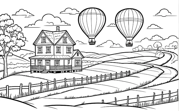 House with hot air balloons in sky and farm field foreground