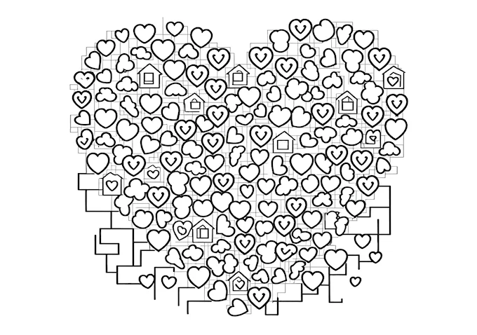 Heart-shaped collage with scattered hearts coloring page