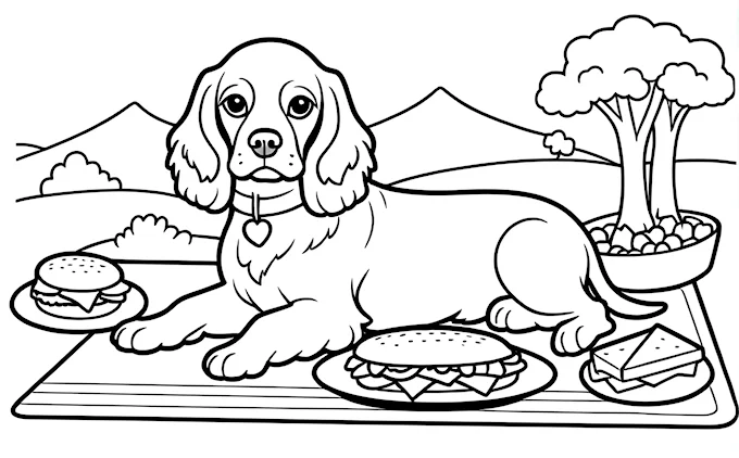Dog sitting at table with plate of food and hot dog, detailed mountain background