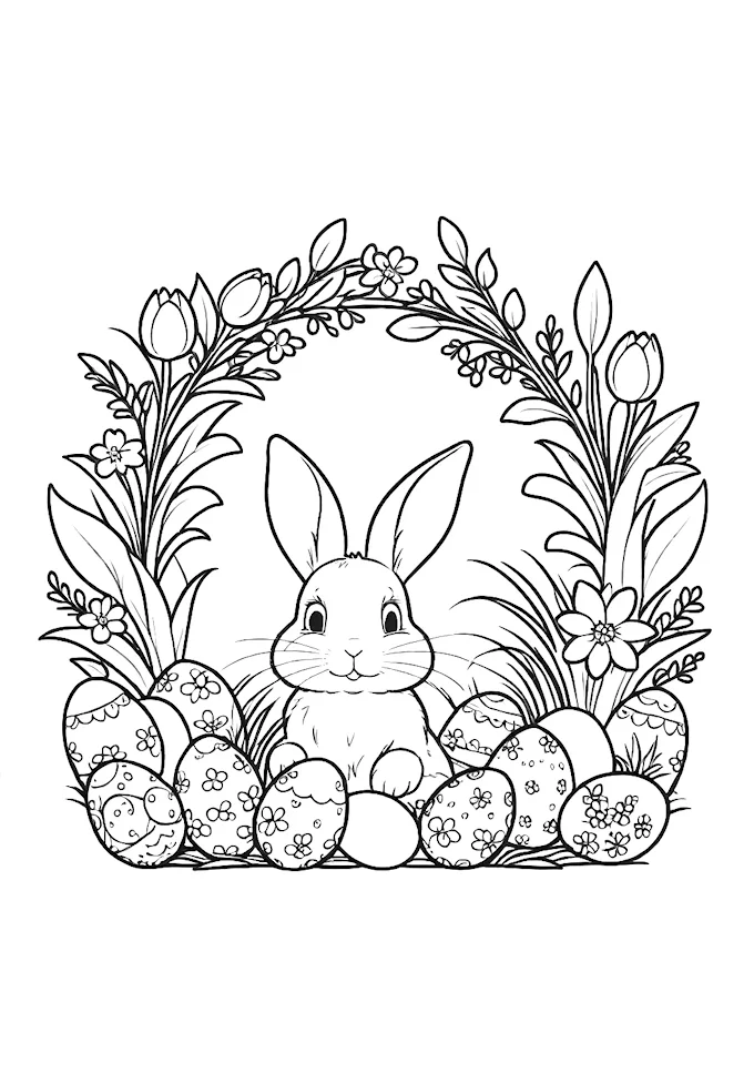 Charming bunny with colorful eggs and floral backdrop