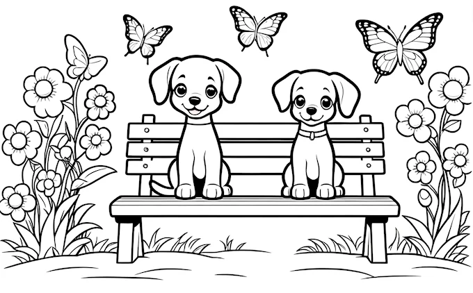 Dog sitting on bench with flying butterflies, highly detailed digital art coloring page