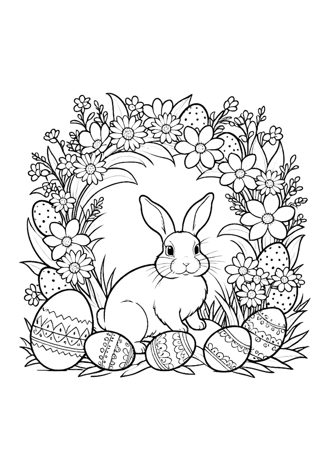 Bunny on eggs with surrounding floral designs in art piece