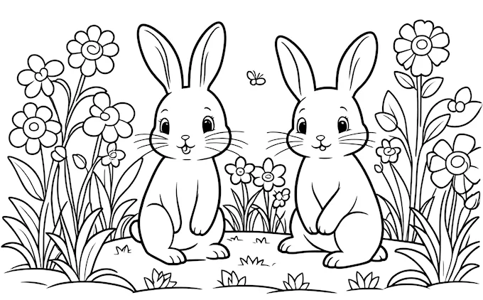 Two rabbits sitting in grass with flowers and butterfly