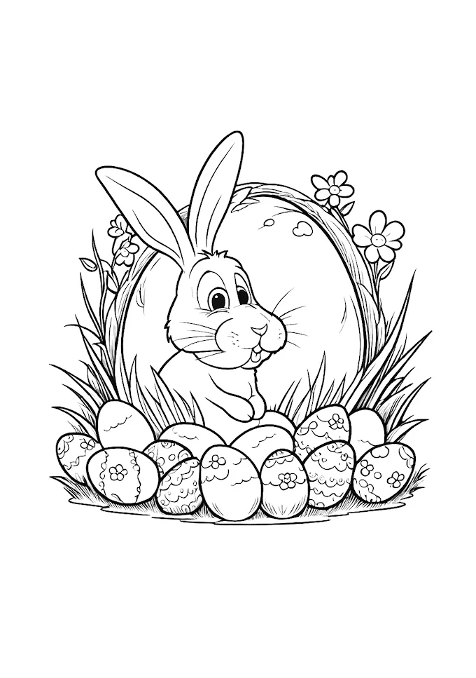 Whimsical rabbit in nest with eggs and floral accents