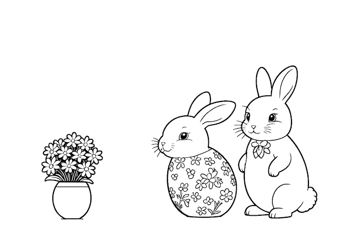 Porcelain Bunnies on Egg-Shaped Vase with Flowers Coloring Page