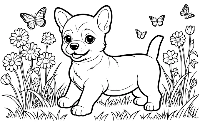Small dog standing in grass with butterflies