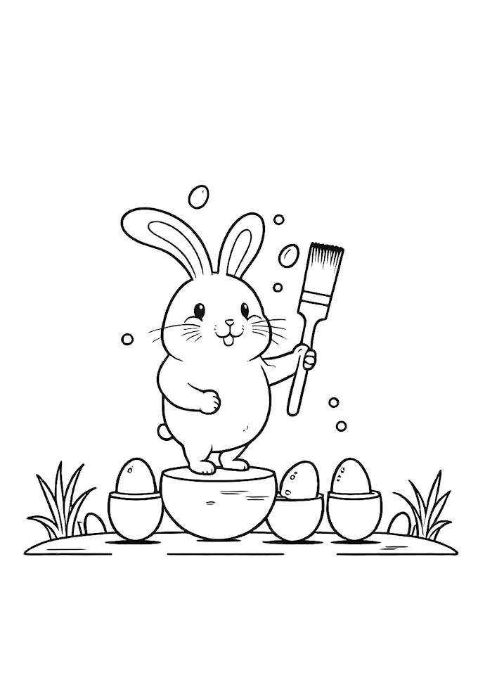 Cartoon Rabbit with Paintbrushes Coloring Page