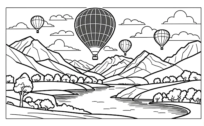 Hot air balloon over mountains and lake