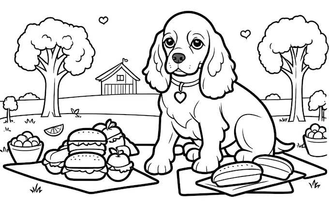 Dog on blanket with picnic scene, coloring page for all ages