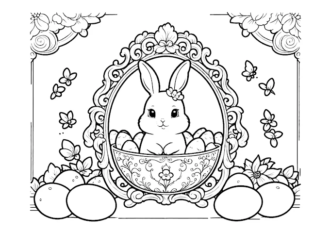 Intricate rabbit and floral Easter scene coloring page