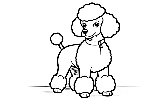 Poodle sitting on ground with unique features, detailed coloring page