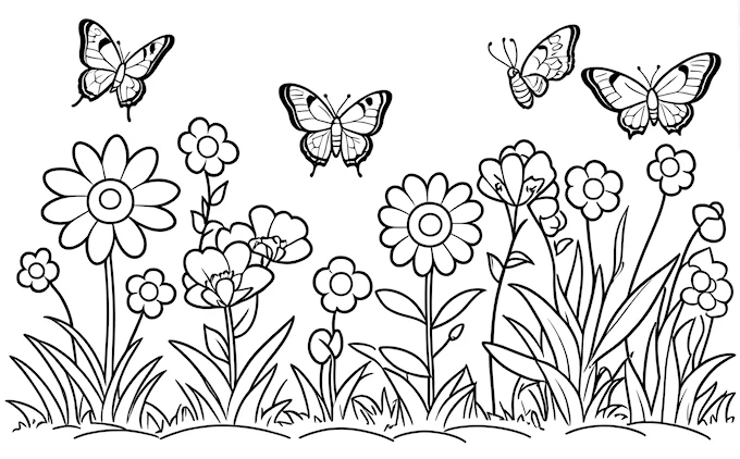 Butterflies flying over field of flowers and grass
