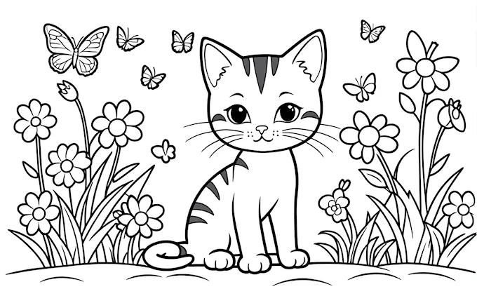 Cat in grass with flowers and butterflies