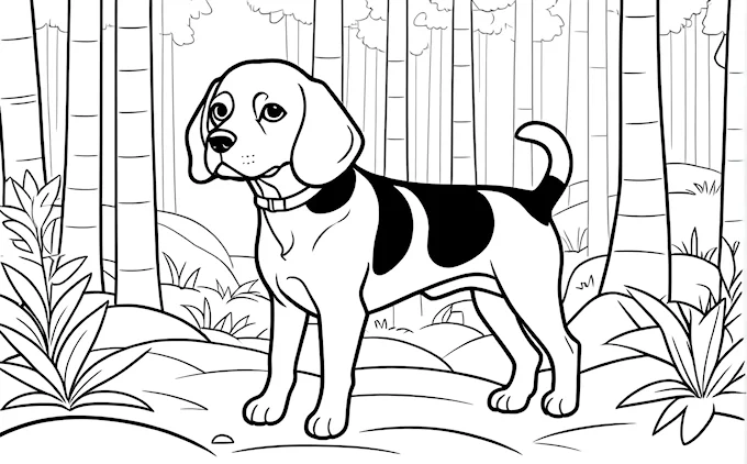 Dog standing in woods, black and white coloring page for all ages