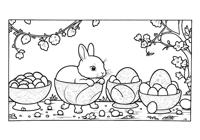 Rabbits in bowls with eggs black and white drawing