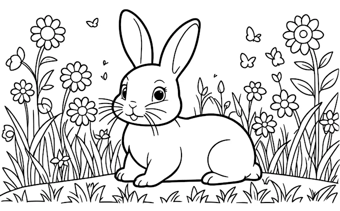 Rabbit sitting in grass with surrounding flowers and butterflies