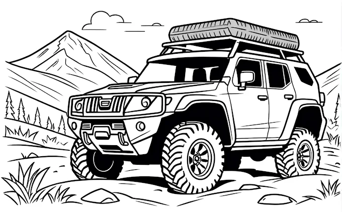 Jeep with roof rack driving through desert, high-detail lyco art