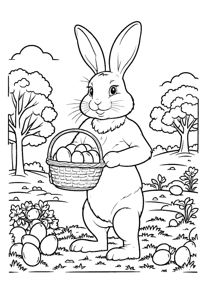 Cartoon Bunny in Orchard with Eggs Coloring Page