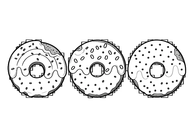 Assorted doughnuts with various toppings coloring page
