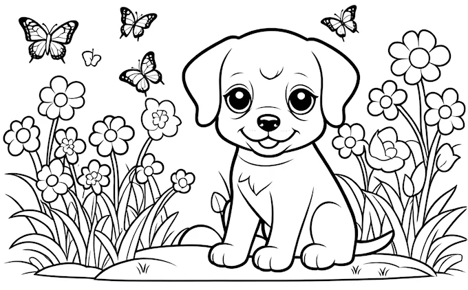 Puppy sitting in the grass with butterflies