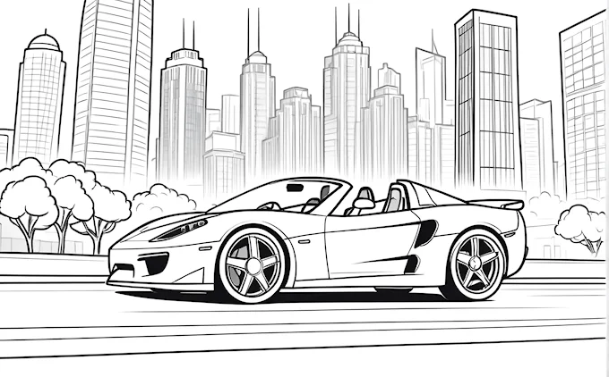 Sports car in city street with skyscrapers