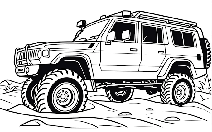 Jeep in desert with rocks and grass