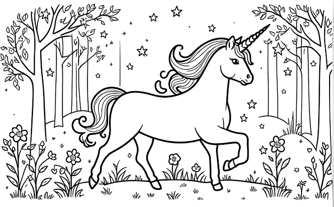 Unicorn in forest with stars and trees, magical realism