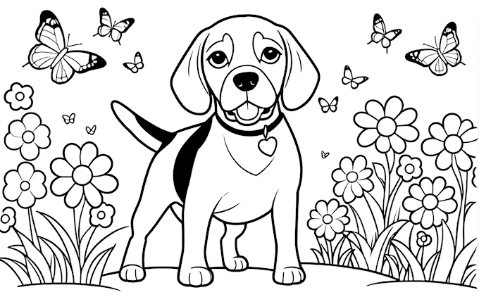 Dog in field with butterflies and flowers