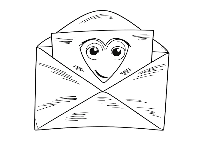 Playful envelope with heart eyes coloring page