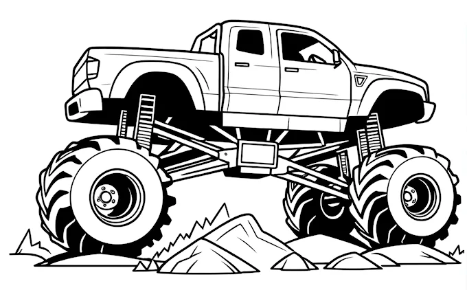 Monster truck with big wheels on a hill, coloring page