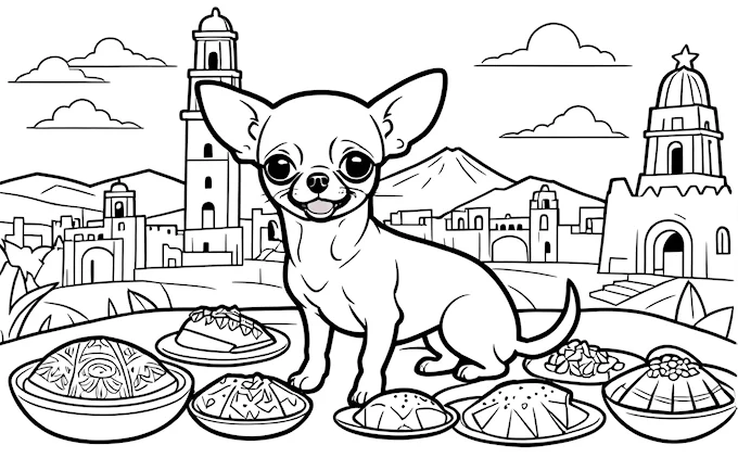 Chihuahua on food-filled table with cityscape and church