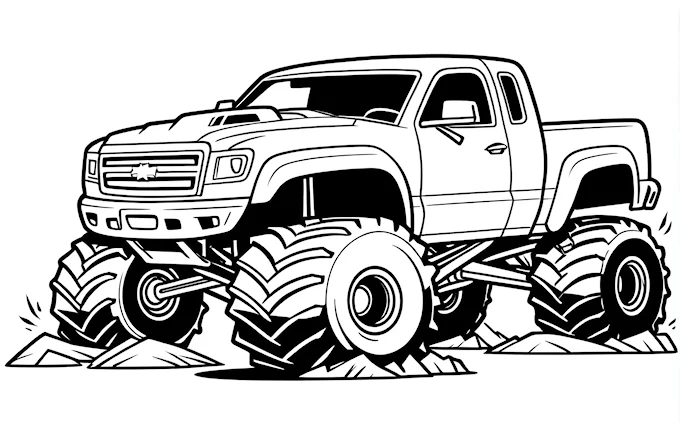 Monster truck outline, black and white coloring page