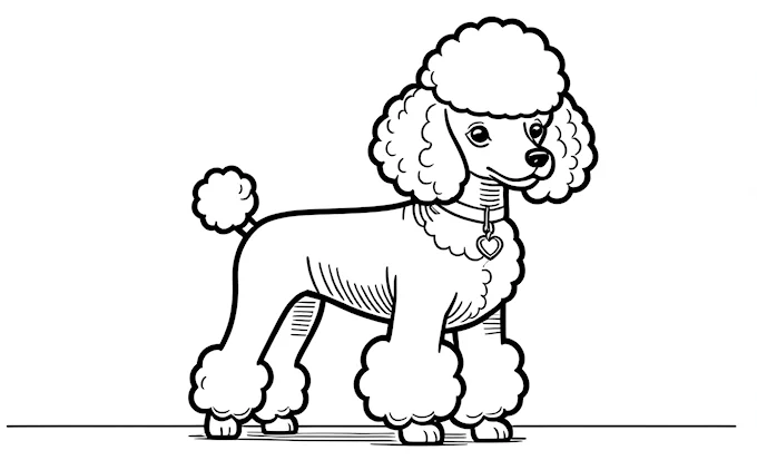 Poodle with collar, line drawing style coloring page