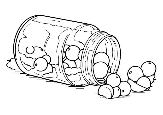 Can with lid removed revealing small egg-shaped pellets coloring page