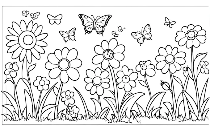 Flowers, butterflies in grass, black and white border