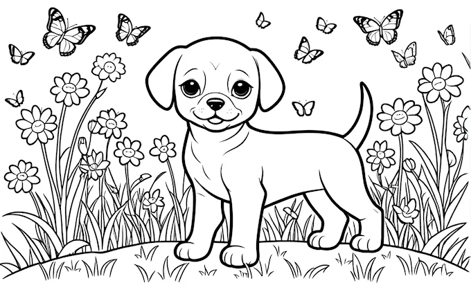 Puppy standing in grass with butterflies