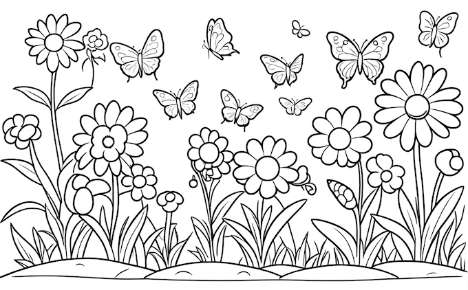 Field of flowers and butterflies, black and white