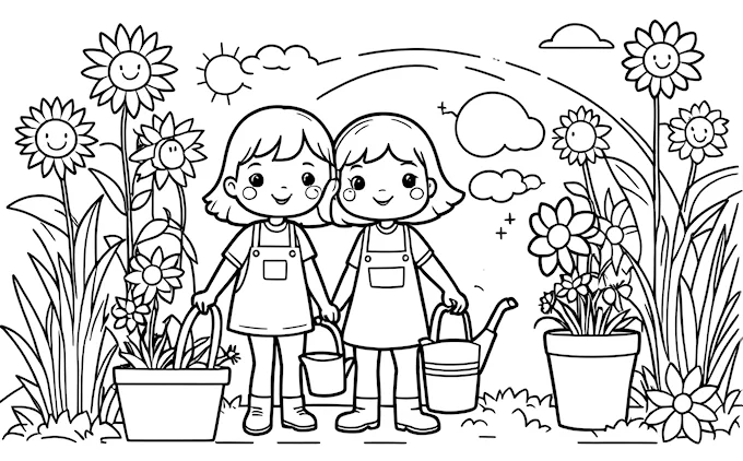 Kids standing in garden with plants