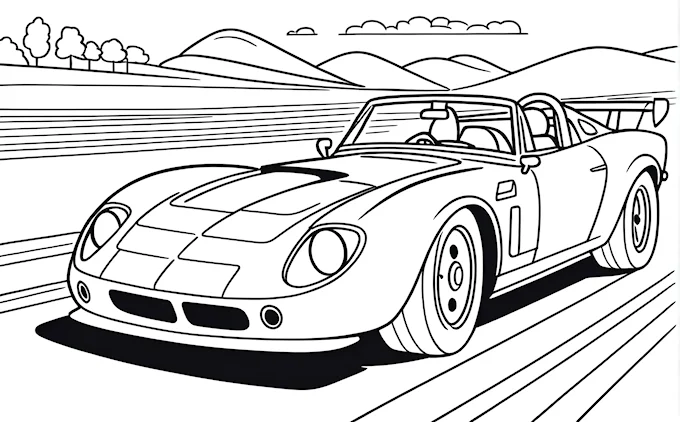 Sports car driving on road with hills, modern European ink painting